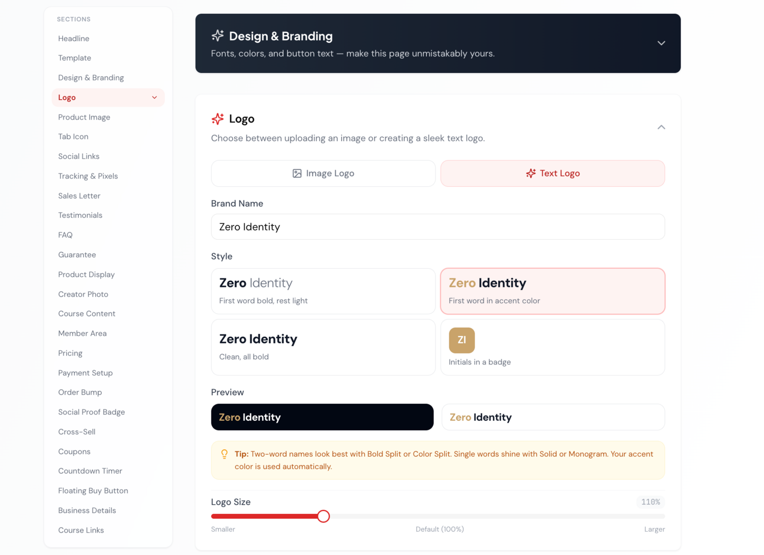 Design and branding settings with logo and accent color