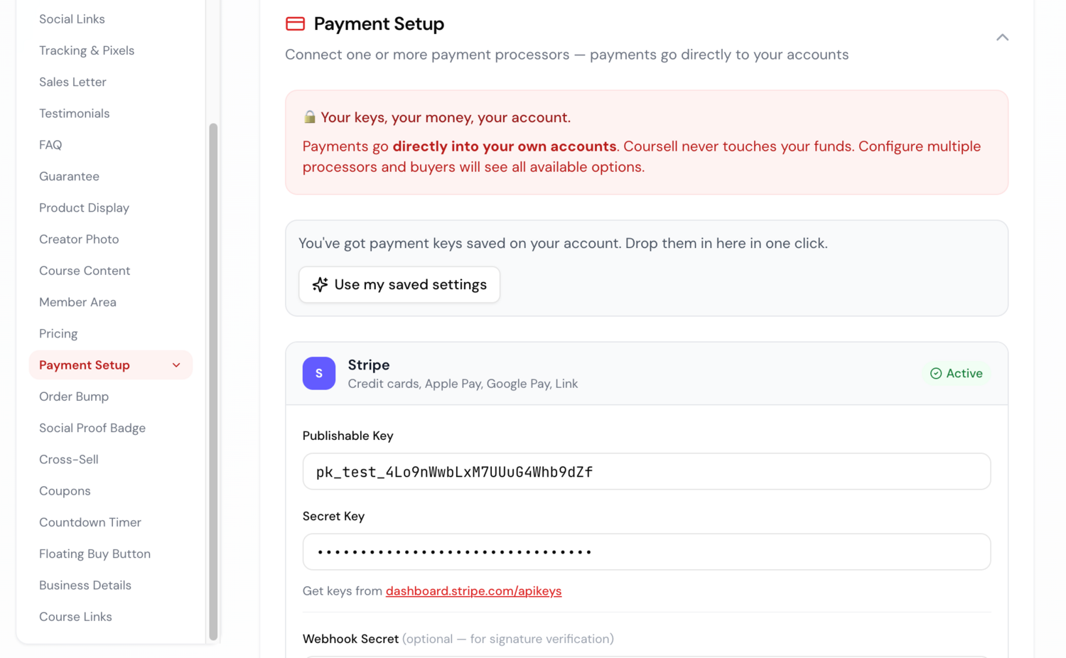 Payment setup screen showing your own payment keys