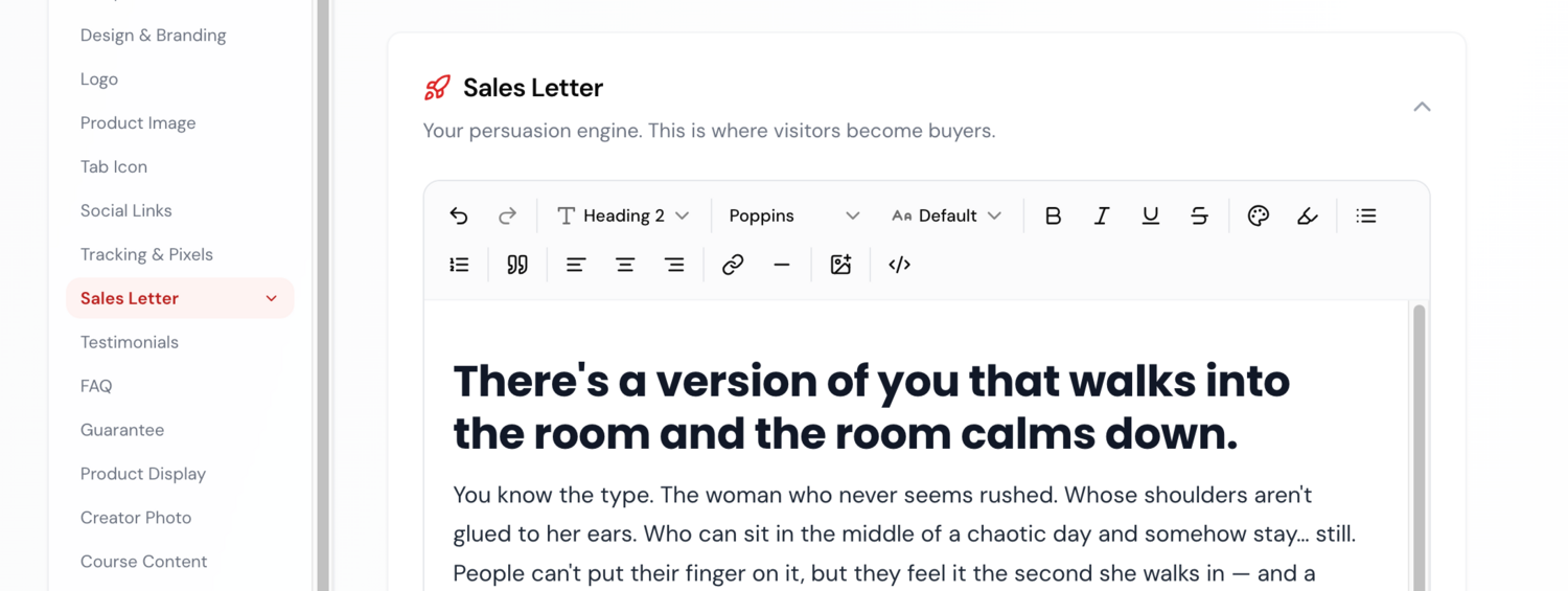 Sales letter rich-text editor inside the course builder