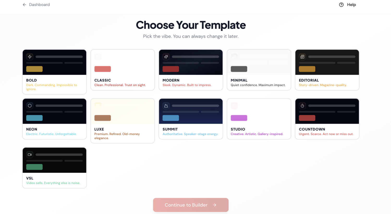 Choose your template screen showing 12 sales page designs